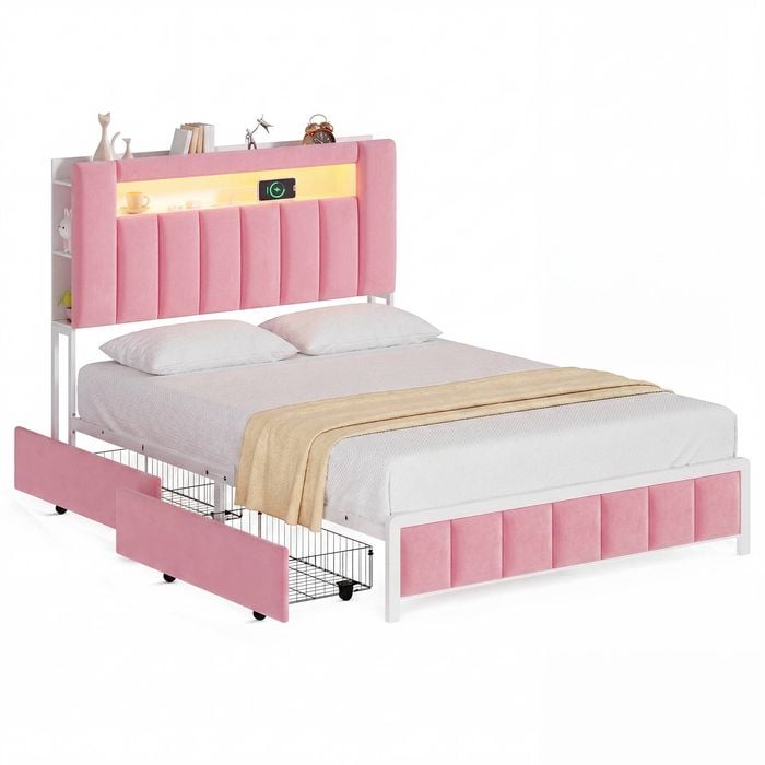 Advwin Queen Upholstered Velvet LED Bed Frame with Hidden Storage Pink