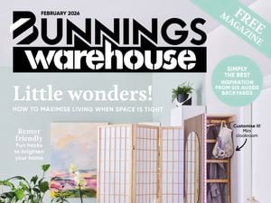 Bunnings Warehouse February 2026 magazine cover showing a compact living room with a pink sofa, fold‑out room divider and a mini cloakroom.