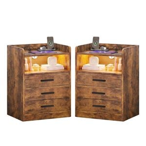 Advwin Bedside Table Set Of 2 Rgb Led Nightstand Charging Station 3 Drawers Cabinet Brown