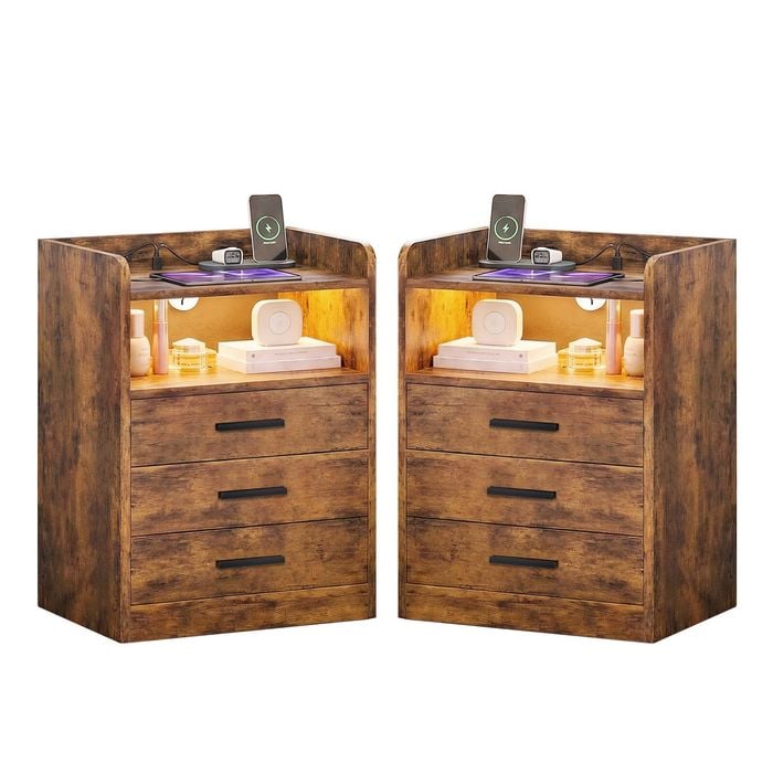 Advwin Bedside Table Set Of 2 Rgb Led Nightstand Charging Station 3 Drawers Cabinet Brown