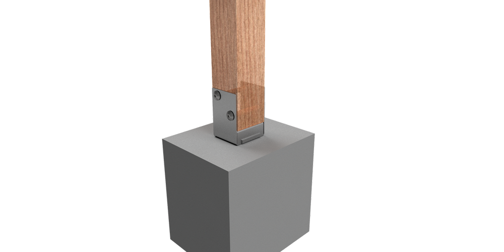 A 90mm
  timber post installation utilising a VUEPRO Stainless Steel Bolt Down Post
  Support (I/N 0389828)