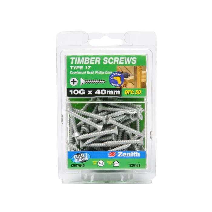 Zenith 10g x 40mm Galvanised Countersunk Ribbed Head Type 17 Timber Screws - 50 Pack