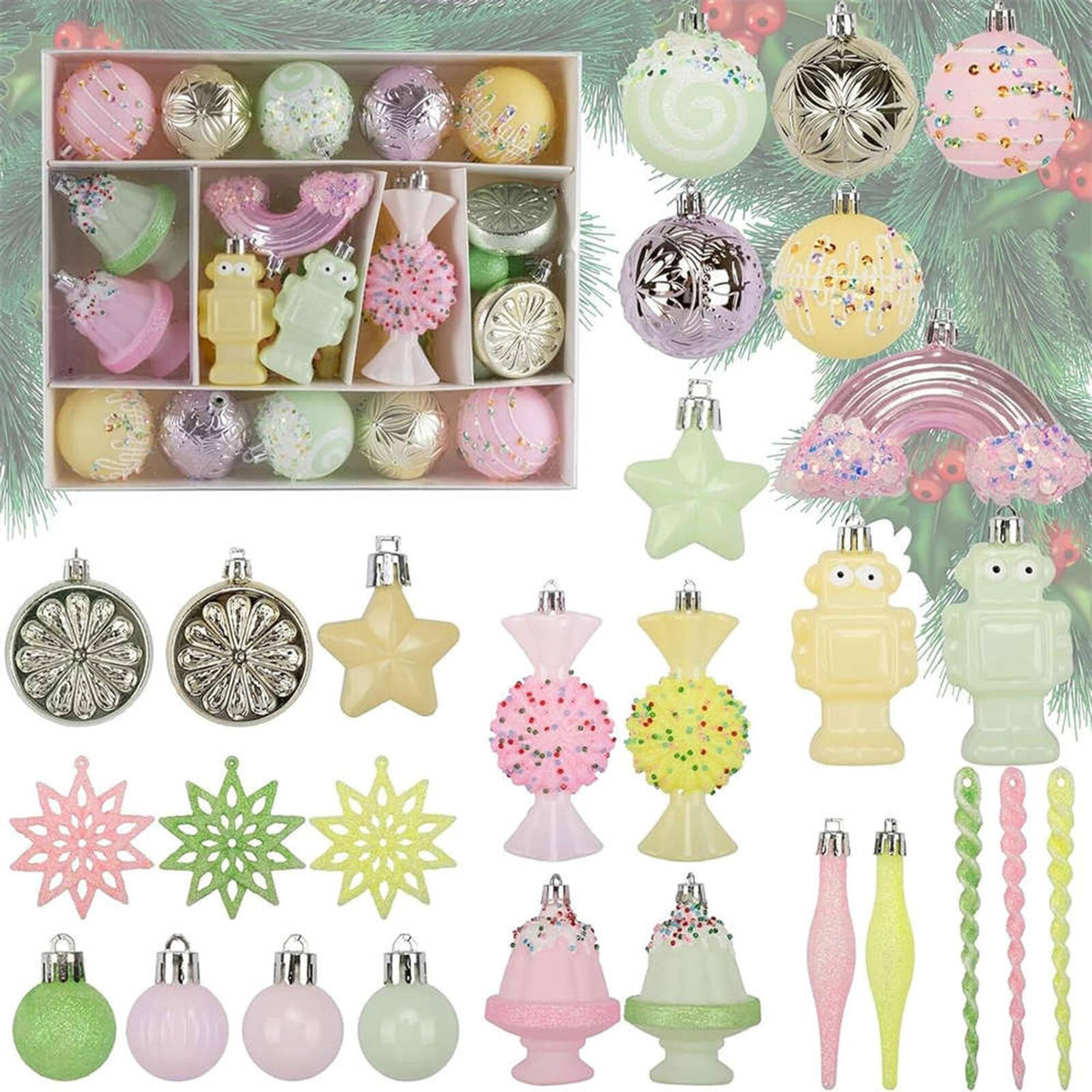 Catzon 45 Pcs Christmas Ornaments Shatterproof Candy Cane Star Balls ...