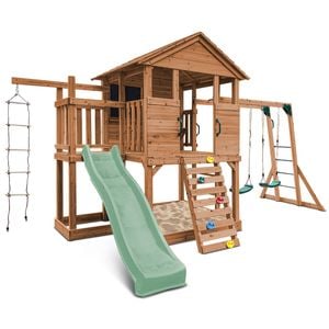 Lifespan Kids Kingston Cubby House, Monkey Bars, Swing Set with 2.2m Pastel Green Slide