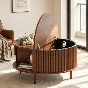 Ufurniture Round Coffee Table with Sliding Door & Flip Top 80cm Mid-Century Modern Storage Coffee Table Walnut