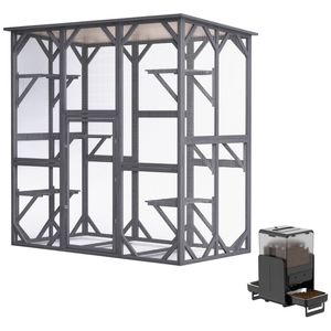Advwin Large Wooden Cat Enclosure Cage with 5L Dual-Bowl Automatic Pet Feeder