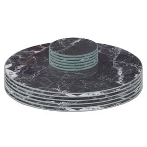 12pc Round Glass Placemats & Round Coasters - 30cm - Black Marble Effect - Dining Table Protection Place Mats Coasters
