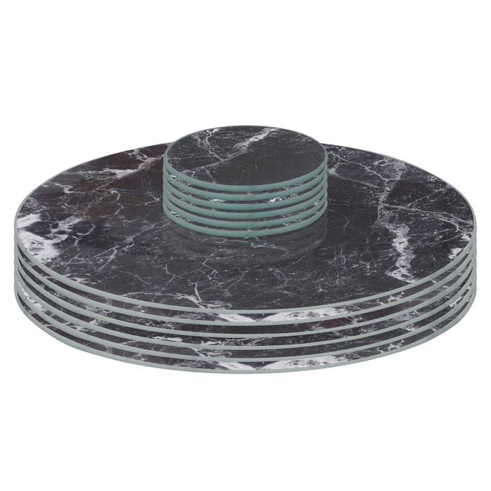 12pc Round Glass Placemats & Round Coasters - 30cm - Black Marble Effect - Dining Table Protection Place Mats Coasters