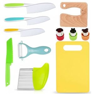 Kids Wooden Kitchen Knife Set with Safe Serrated Edges and Accessories