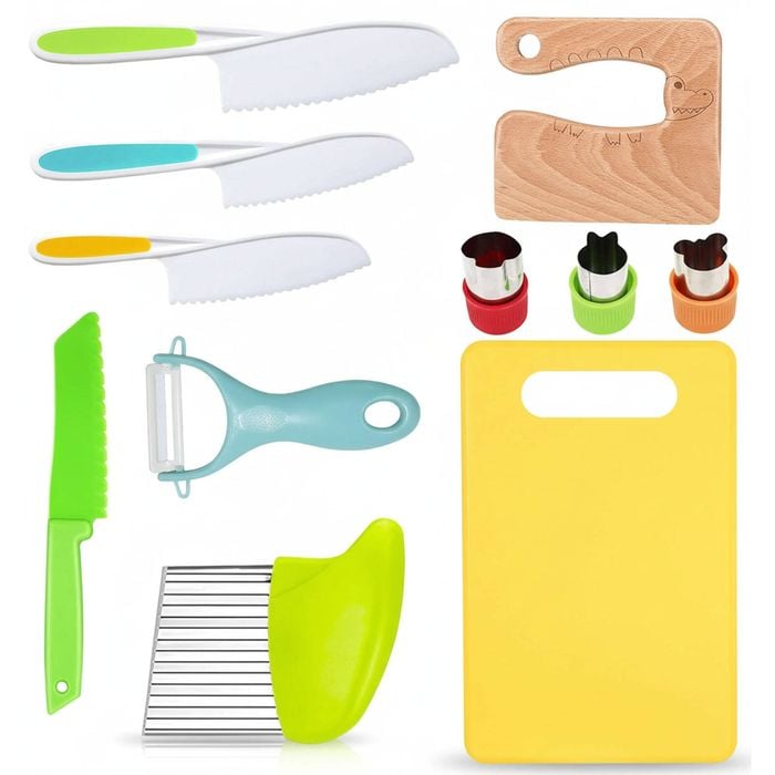Kids Wooden Kitchen Knife Set with Safe Serrated Edges and Accessories