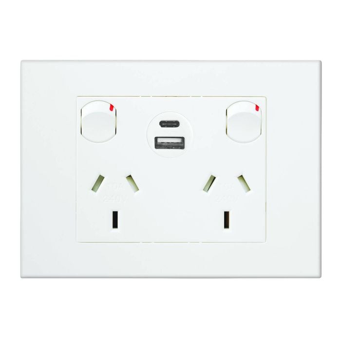 HPM White VIVO Double Powerpoint with Type A+C 15W USB Charger Mechanism