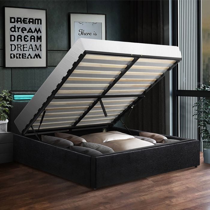 Oikiture Bed Frame Gas Lift RGB LED Black MARC- Queen
