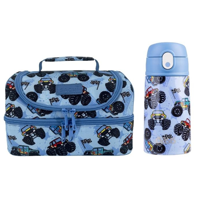 Sachi Insulated Double Decker Lunch Bag & Kids Drink Bottle 400ml - Monster Trucks Bundle