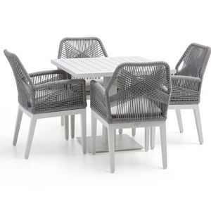 Avoca Outdoor Pedestal Aluminium Dining Table White With Hugo Chairs & Grey Rope/textured Olefin Cushions