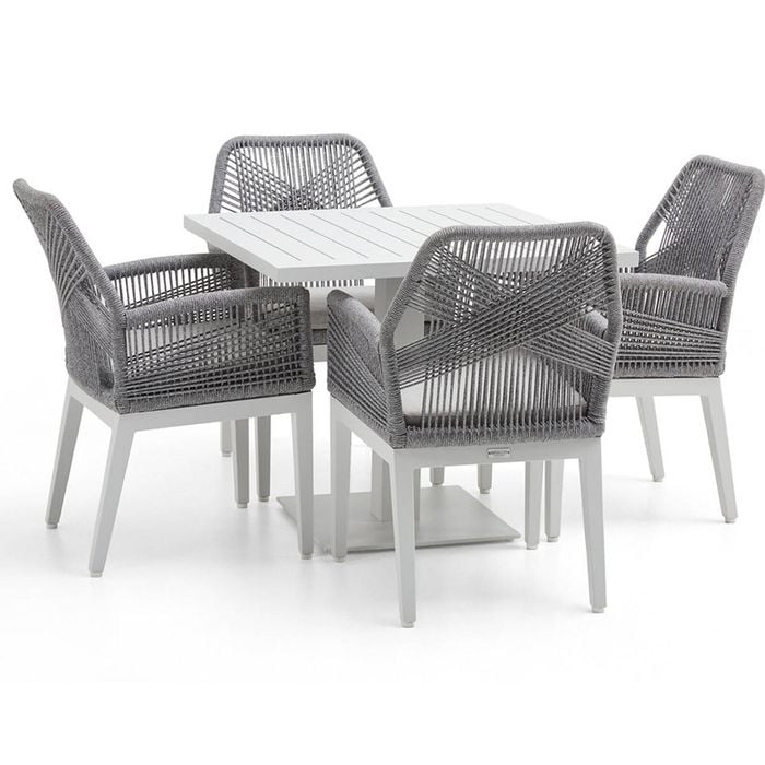 Avoca Outdoor Pedestal Aluminium Dining Table White With Hugo Chairs & Grey Rope/textured Olefin Cushions
