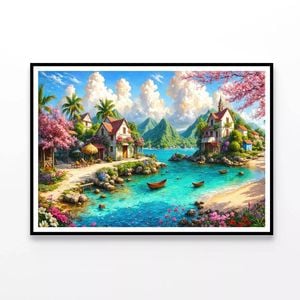 Lakeside Village with Mountains  Print 100% Australian Made 90x60cm  (Poster)