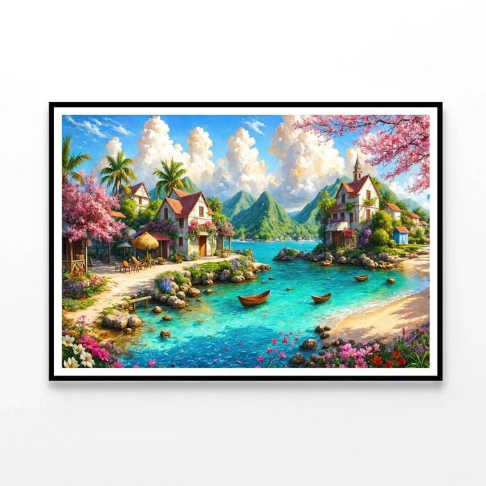 Lakeside Village with Mountains  Print 100% Australian Made 90x60cm  (Poster)