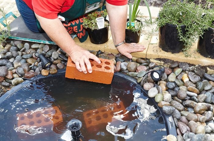 Person putting bricks into small pond feature.