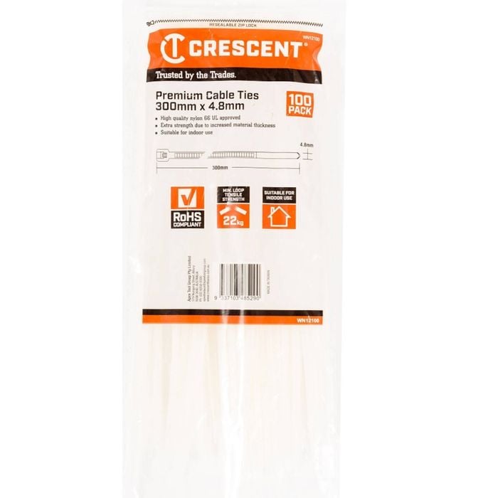 Crescent 300 x 4.8mm White Cable Ties -100 Pack