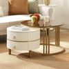 2 Piece Round Nesting Coffee Table Set, Set of 2 Brown-Tinted Top Coffee Table with White Fluted Side Table