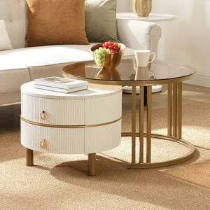 2 Piece Round Nesting Coffee Table Set, Set of 2 Brown-Tinted Top Coffee Table with White Fluted Side Table