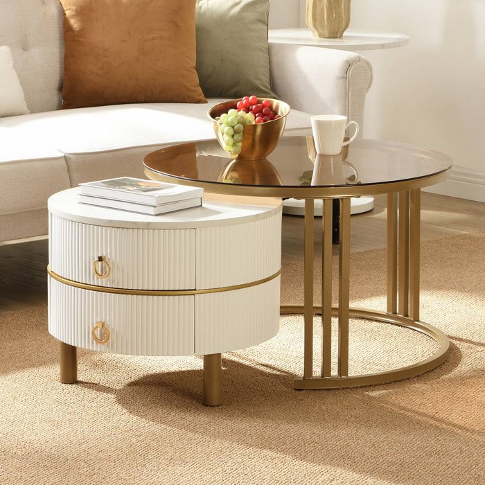 2 Piece Round Nesting Coffee Table Set, Set of 2 Brown-Tinted Top Coffee Table with White Fluted Side Table