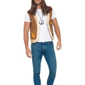 1960s Mens Brown Faux Fur Trim Plus Size Hippie Vest - Xlarge