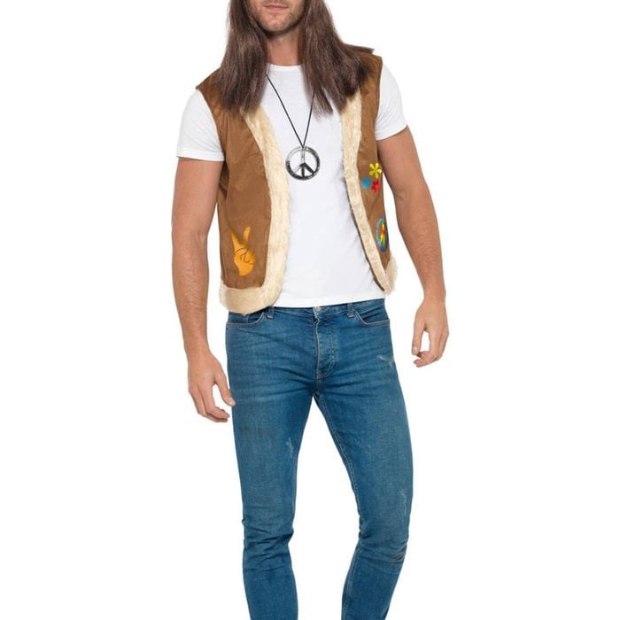 1960s Mens Brown Faux Fur Trim Plus Size Hippie Vest - Xlarge