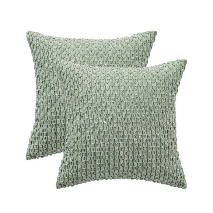 Catzon 2 Pcs Throw Pillow Covers Soft Striped Corduroy Cushion Case for Couch 40X40cm-Bean Green