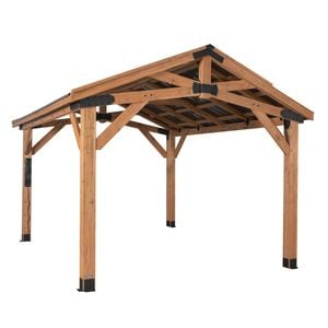 Backyard Discovery Norwood 4.4m x 3.1m Cedar Wood Outdoor Patio Gazebo with Hardtop Galvanised Steel Peak Roof and PowerPort