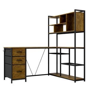 Ufurniture 148 cm L Shaped Computer Desk with Reversible Storage Bookshelf Corner Gaming Desk with LED Lights Walnut