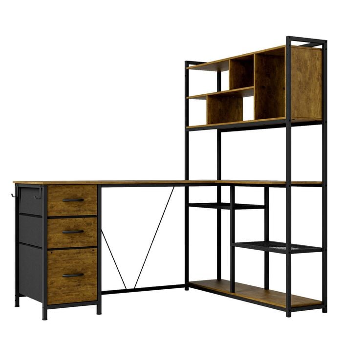 Ufurniture 148 cm L Shaped Computer Desk with Reversible Storage Bookshelf Corner Gaming Desk with LED Lights Walnut