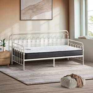 Oikiture Metal Daybed Frame Single Size Sofa Bed Support with Mattress Beige