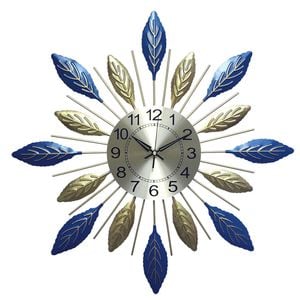 Salesbay 73cm Silent Wall Clock Metal Leaf Design Blue Gold Modern Home Decor