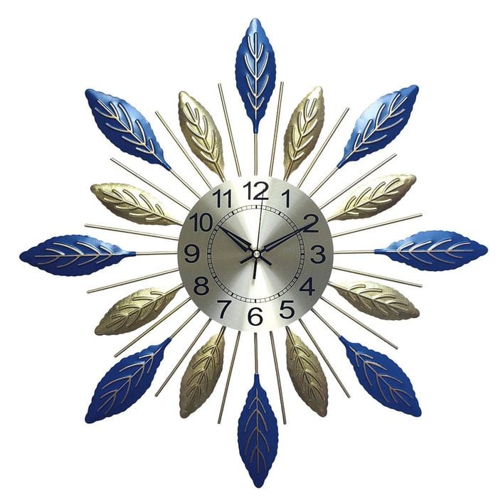 Salesbay 73cm Silent Wall Clock Metal Leaf Design Blue Gold Modern Home Decor
