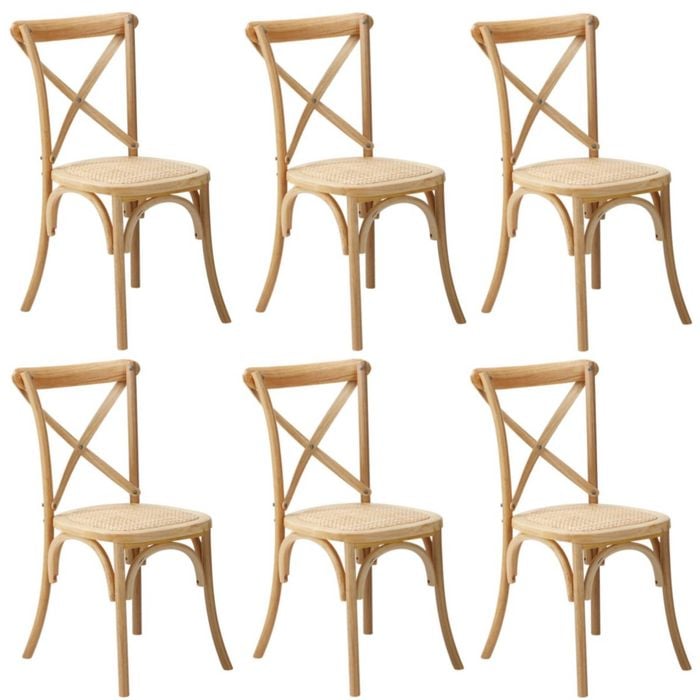 Oikiture 6PCS Crossback Dining Chair Solid Birch Timber Wood Ratan Seat Natural