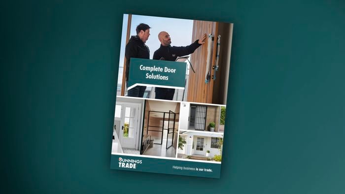 Doors brochure Bunnings Trade front page on top of a green background