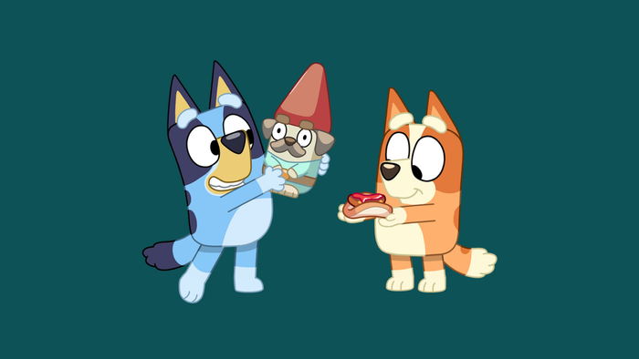 Two bluey characters on a Bunnings green background