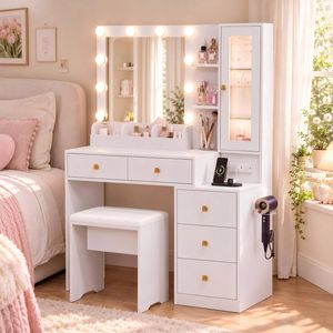 Advwin Dressing Table Makeup Mirror Stool Set with Charging Station & LED Light & Glass Jewelry Display Cabinet White