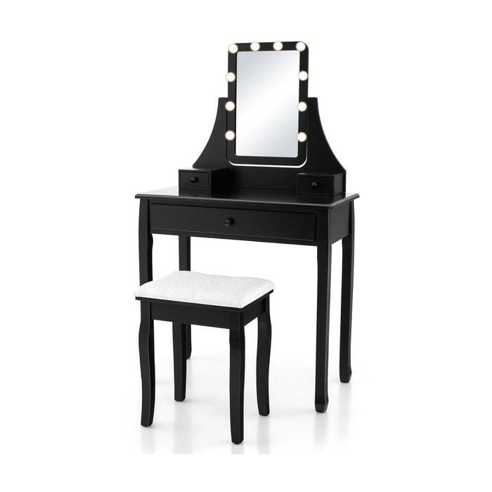 Costway 5-drawing Dressing Table Stool Makeup Vanity Set W/led Mirror Black