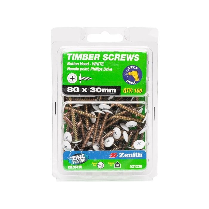 Zenith 8G x 30mm White Button Head Screw - 100 Pack