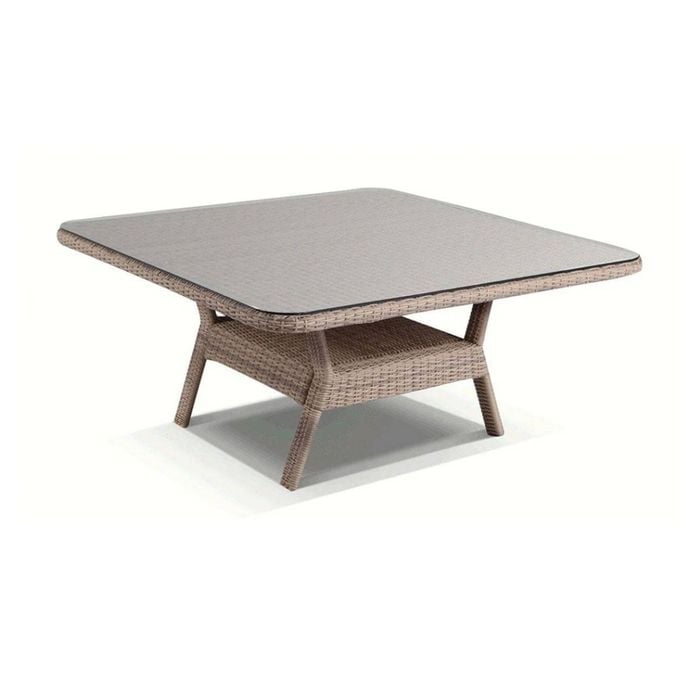 Low Dining 1.5m Square Outdoor Wicker Glass Top Table Brushed Grey