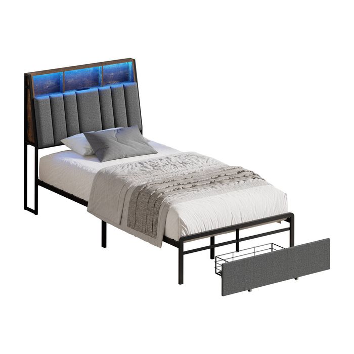 Oikiture Bed Frame King Single Size With Led Light USB Charging Storage Headboard & Drawer