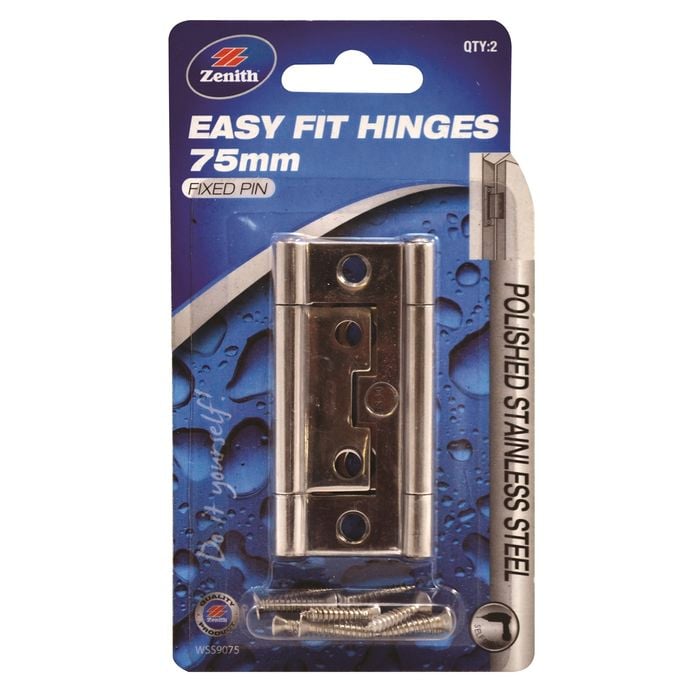 Zenith Easy Fit Hinge  75mm 2pk Fixed Pin Polished Stainless Steel