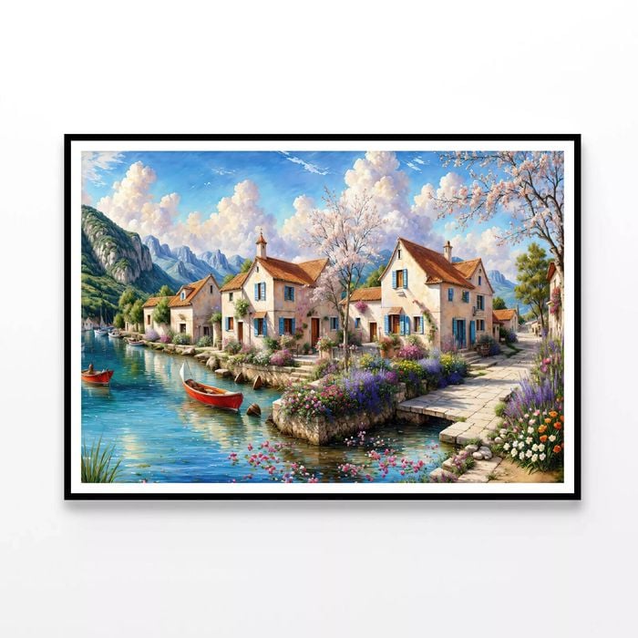Town, Mountains Oil Painting  Print 100% Australian Made 120x90cm  (Poster)