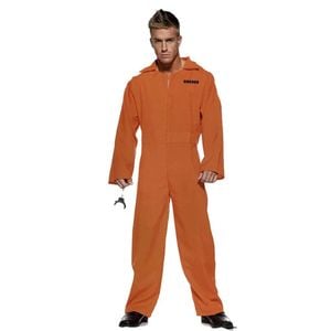 PRISONER COSTUME Plus Size Halloween Jail Convict Adult Outfit Long Sleeve Orange