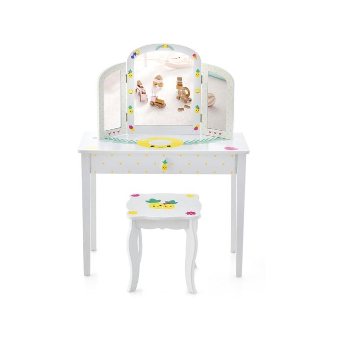Costway Kids Vanity Table &Chair Set Pineapple Children Dressing Table