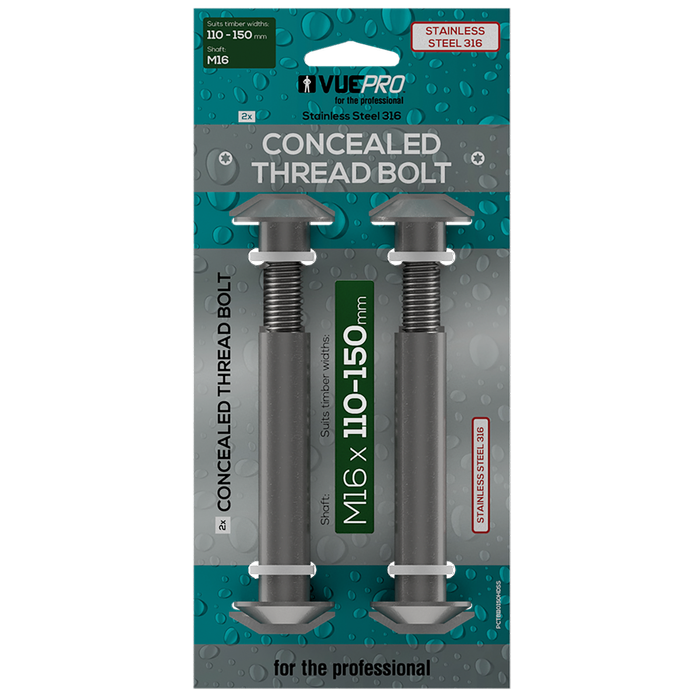 VUEPRO 110-150mm M16 Stainless Steel Concealed Thread Bolt - 2 Pack