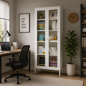 ITONOV bookcase with glass door display cabinet bookshelf 1800*700*350 - white