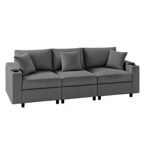 Advwin 256cm 3 Seater Sofa Corduroy Modular Lounge Couch w/ Storage Armrests & Cup Holder Beige